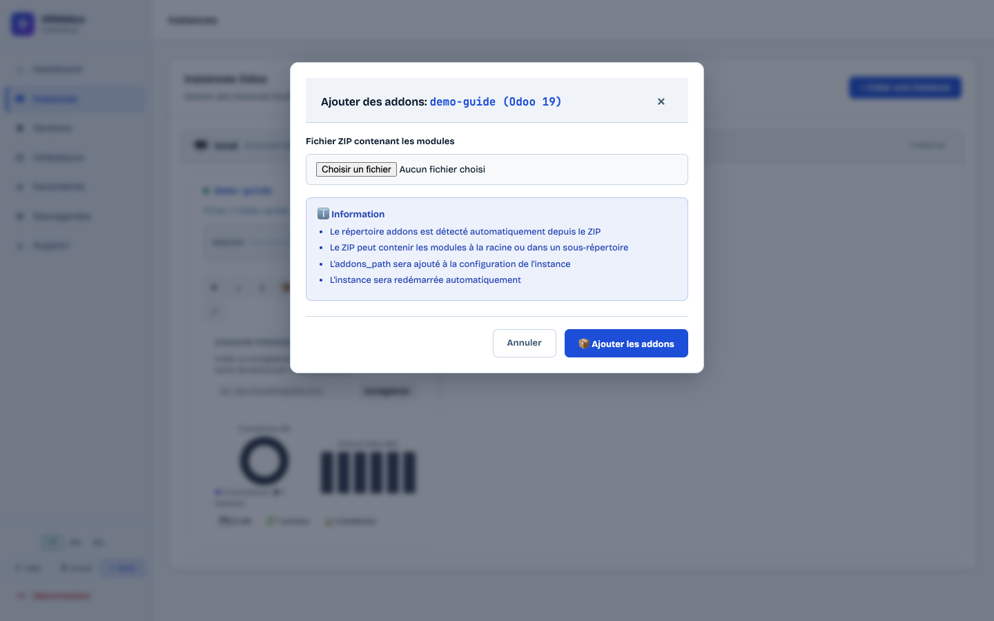 Fenêtre d'installation d'addons